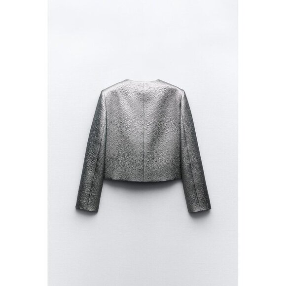 NWOT Zara charcoal silver metallic sheen laminated cropped jacket, XS - Picture 3 of 7